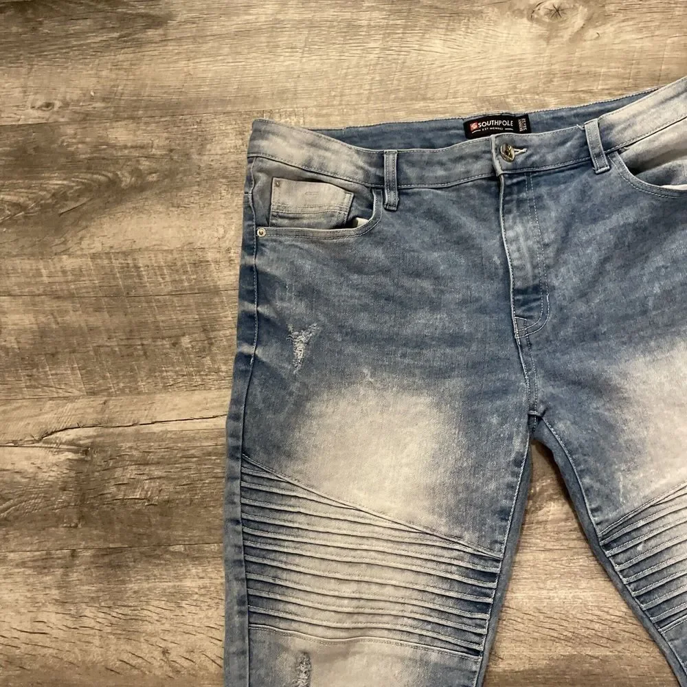 Southpole Skinny Jeans Men's Size 38x32 Y2K Distressed Ribbed Light Wash Hip Hop